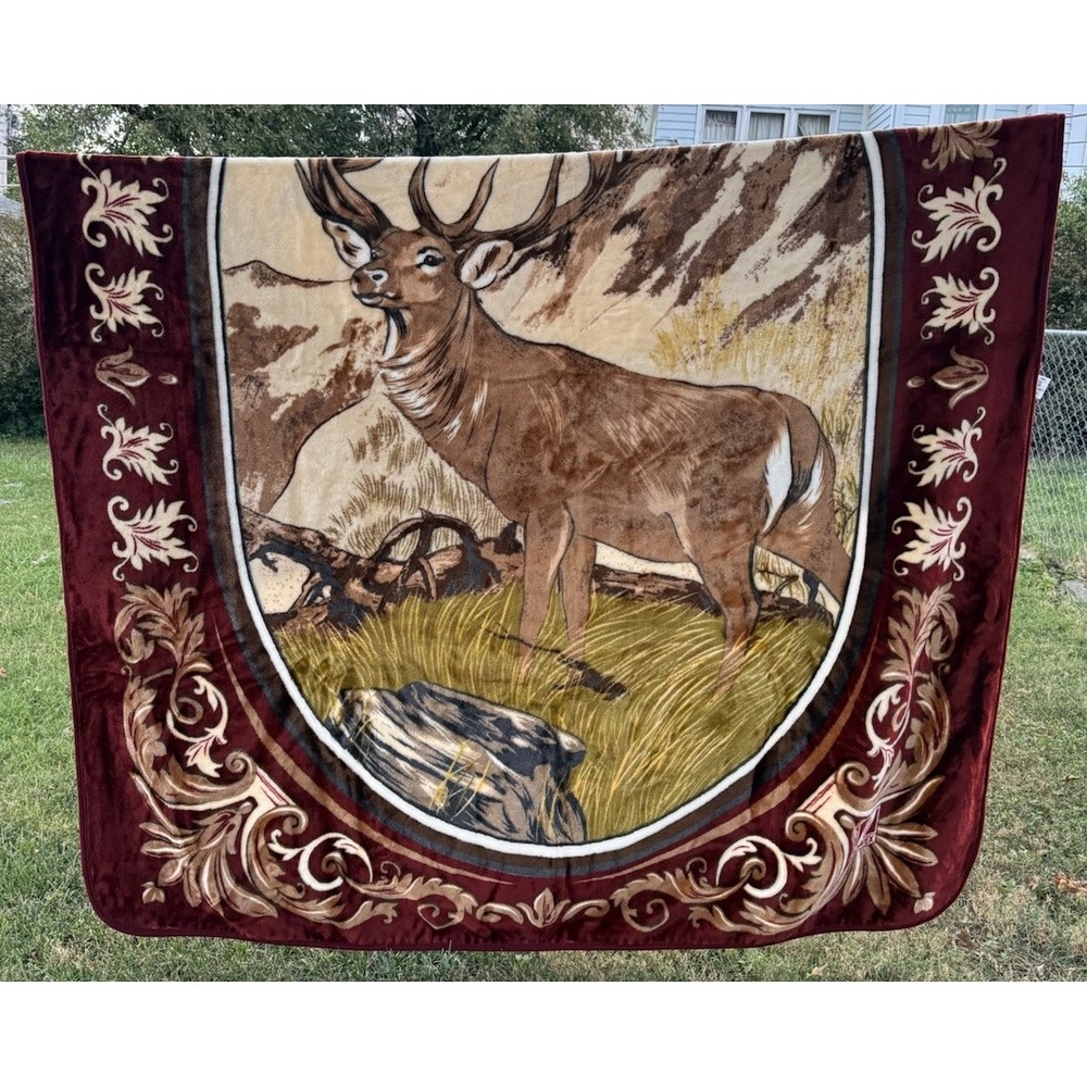 NovaTex Full Blanket 86 X 70" Soft Plush Vintage Forest Deer Rare Matrimonial